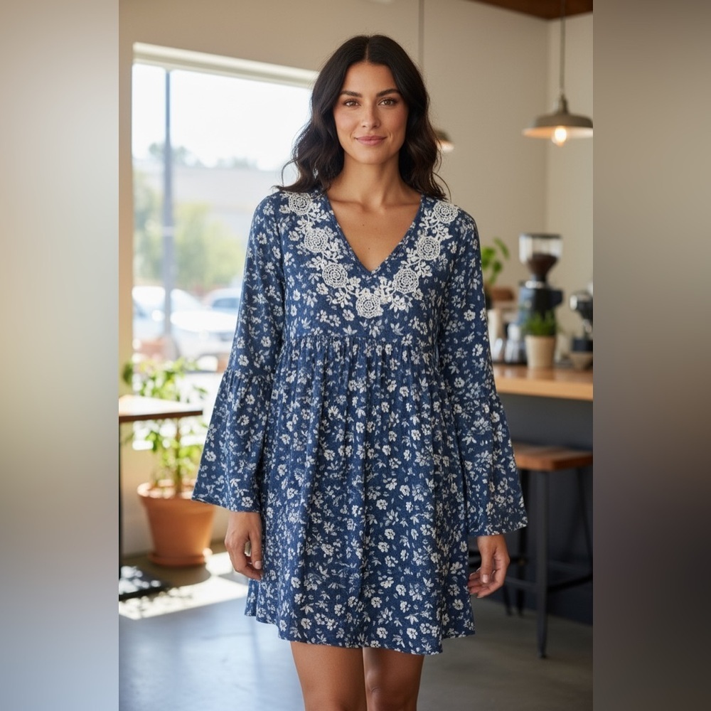Roper Navy Floral Long Sleeve Dress